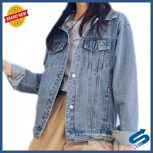 Oversized Distressed Denim Jacket Boyfriend Fit Button Closure Pockets